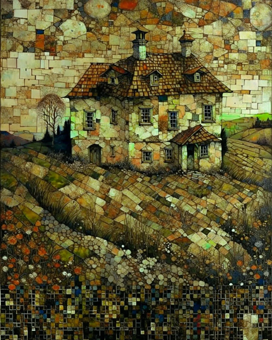 A house on the Hill. Life and times, patchwork art by Jamie Heiden, Peter Doig, Renoir, Pol Ledent, Endre Penovac Modifiers: portrait acrylic art surreal Arthur Rackham Optical illusion Debehsque