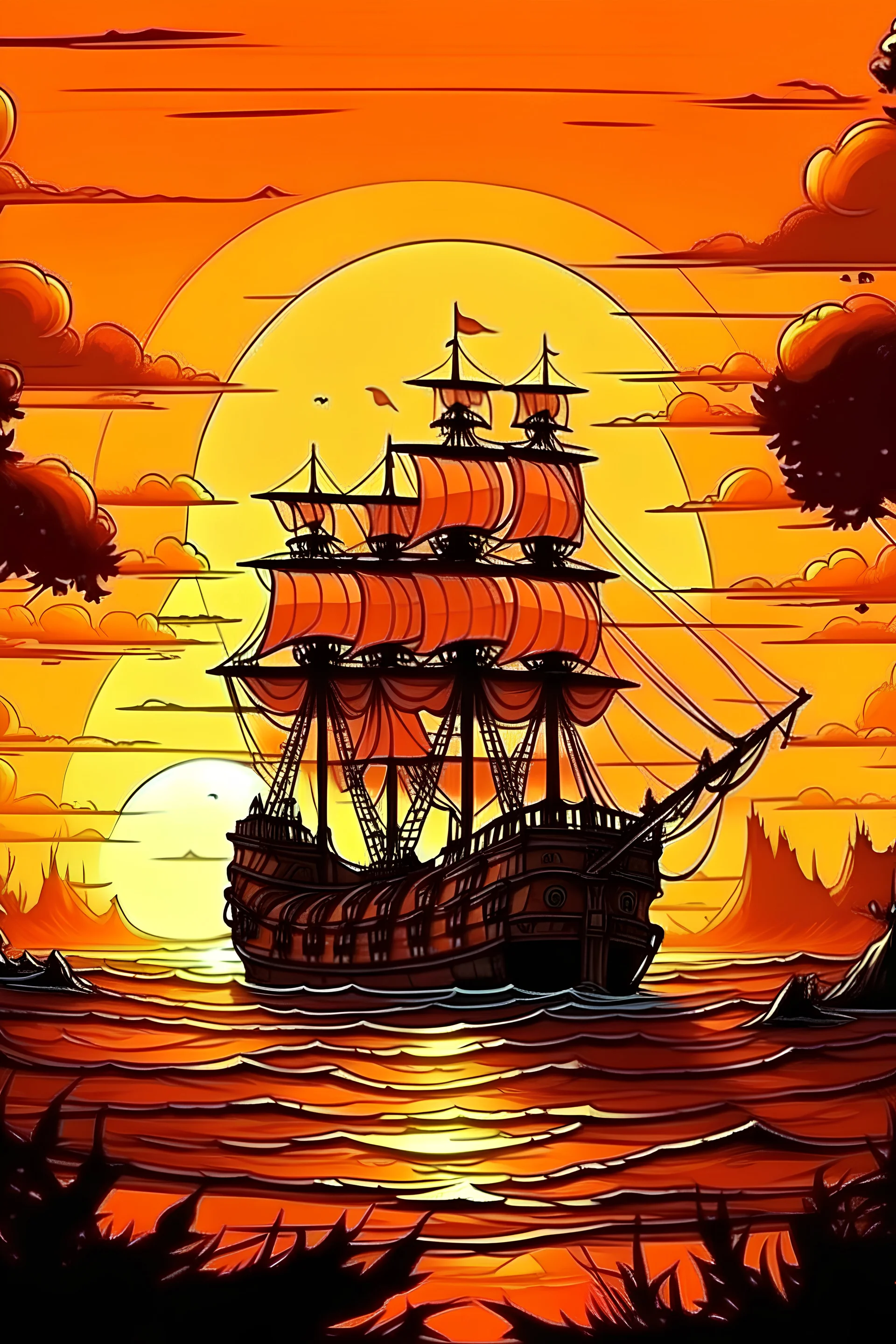 atardecer con mar de fondo y barco pirata con estilo real
