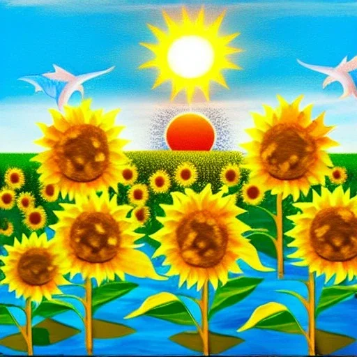  Bright sun, sunflowers, a sea with dolphins jumping high, and orange trees.