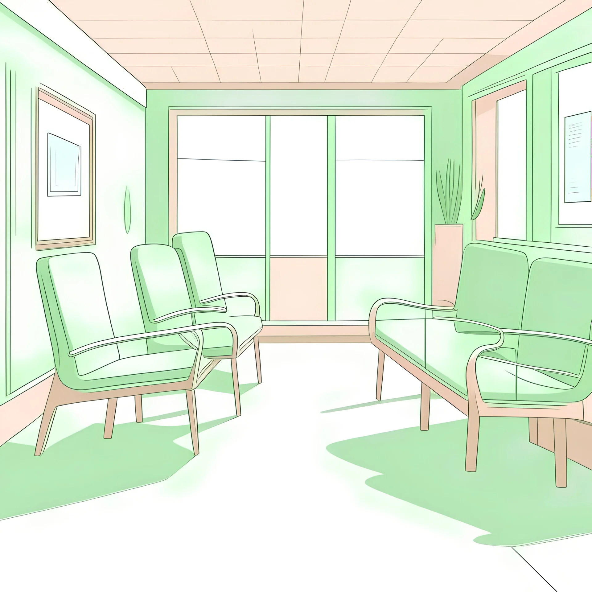 Salle d'attente, hôpital, chaises, vert pastel, et bois, style cartoon de Moebius