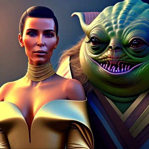 A film still of kim kardashian as princess leigha cuddling jabba the hut in star wars, highly detailed, digital painting, artstation, concept art, sharp focus, illustration, cinematic lighting, art by artgerm and greg rutkowski and alphonse mucha diffuse lighting, fantasy, intricate, elegant, highly detailed, lifelike, photorealistic, digital painting, artstation, illustration, concept art, smooth, sharp focus, art by John Collier and Albert Aublet and Krenz Cushart and Artem Demura and Alphonse