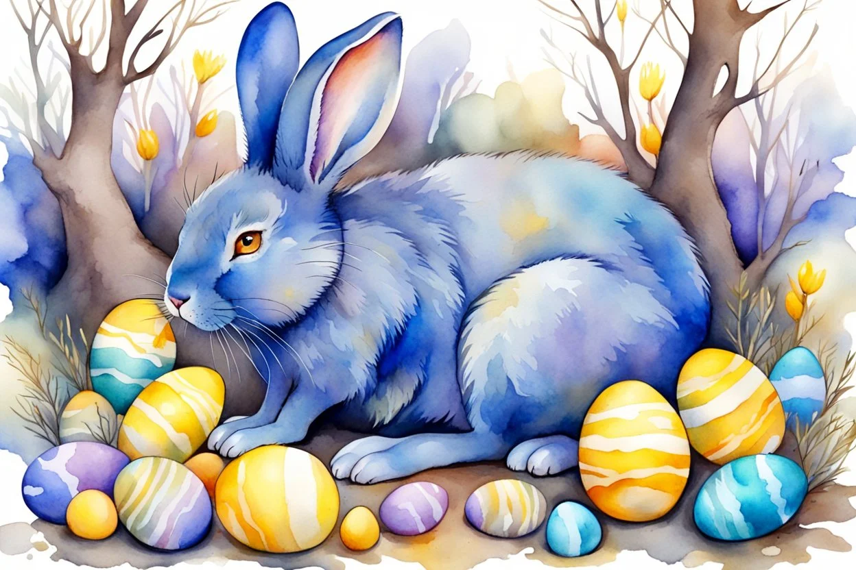 A blue rabbit with yellow eyes curled up on the ground among easter eggs and branches of trees. A vibrant watercolor painting in the style of alcohol oil ink