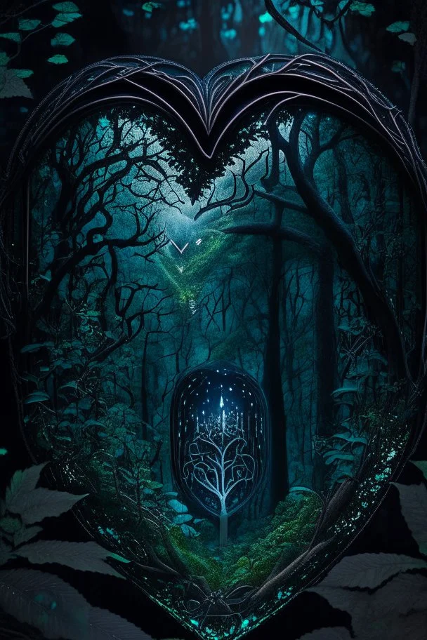 dark fantasy, intricate cover, a whimsical fairytale, heart made of glass with dark forest inside