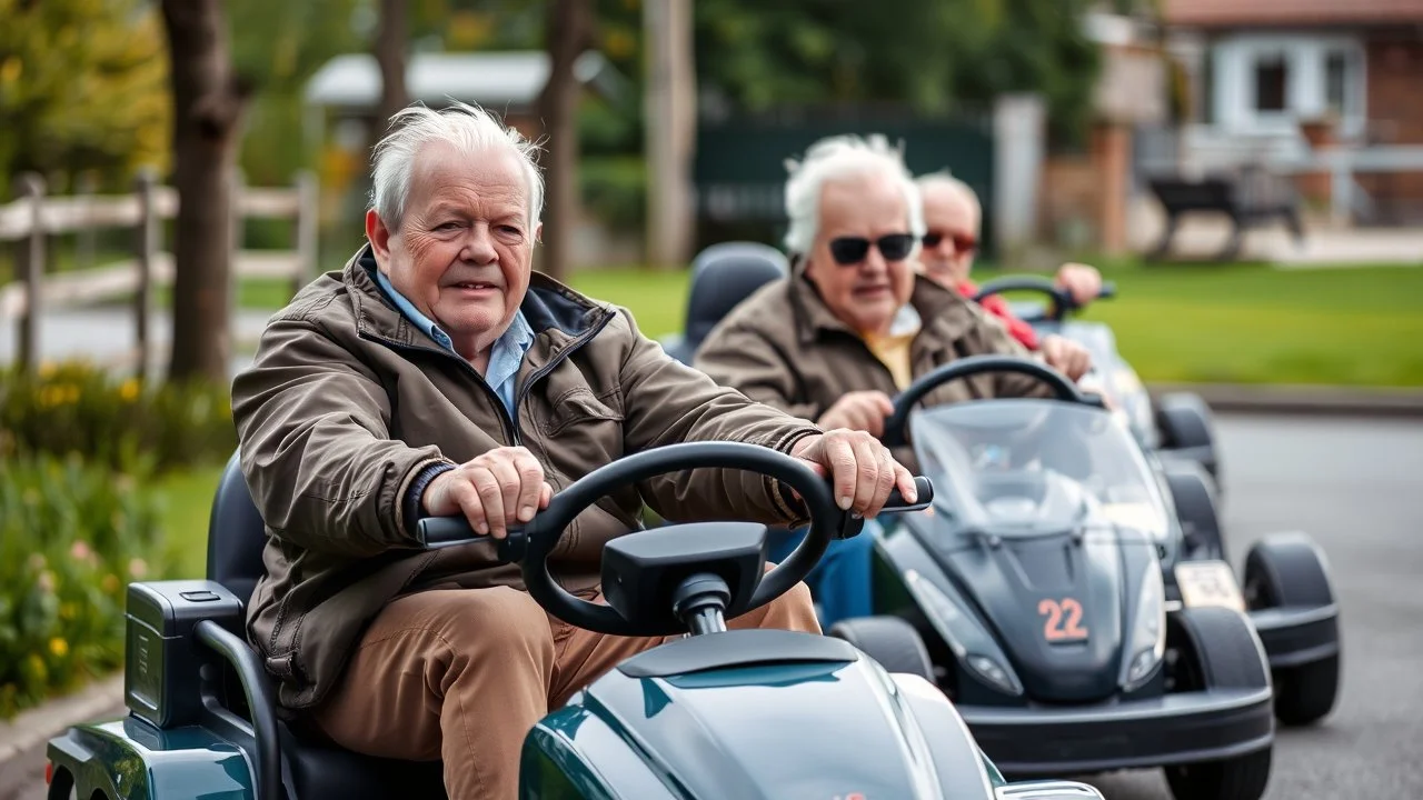 Elderly pensioners on go-karts. Photographic quality and detail, award-winning image, beautiful composition.