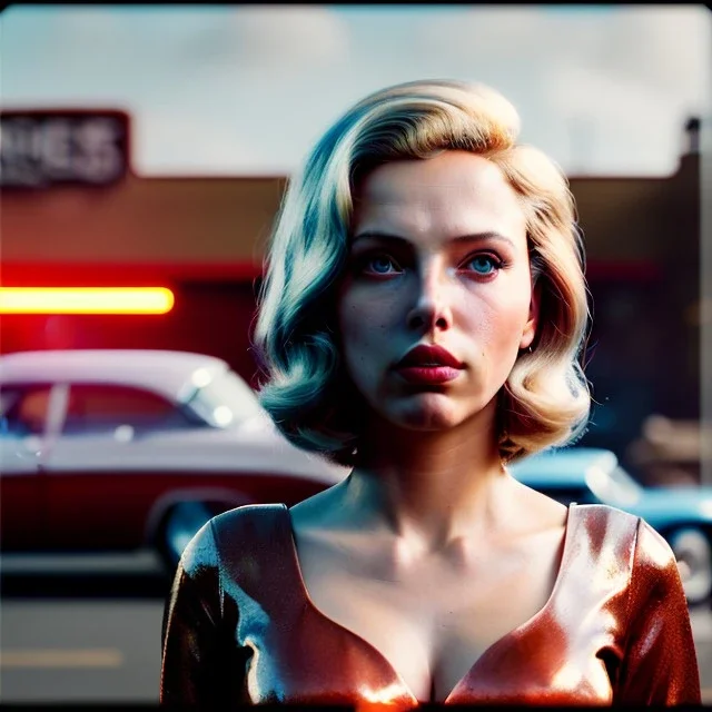 Ultra Realistic retro sci-fi movie explosion Supermarket parking scene, 1960 year, waist up view portrait, blonde woman, sweet scarlet Johansson face, perfect iris, glow eyes, face makeup, tight latex coat; many people looking, Retro sci-fi style, soft color, highly detailed, unreal engine 5, ray tracing, RTX, lumen lighting, ultra detail, volumetric lighting, 3d, finely drawn, high definition, high resolution.