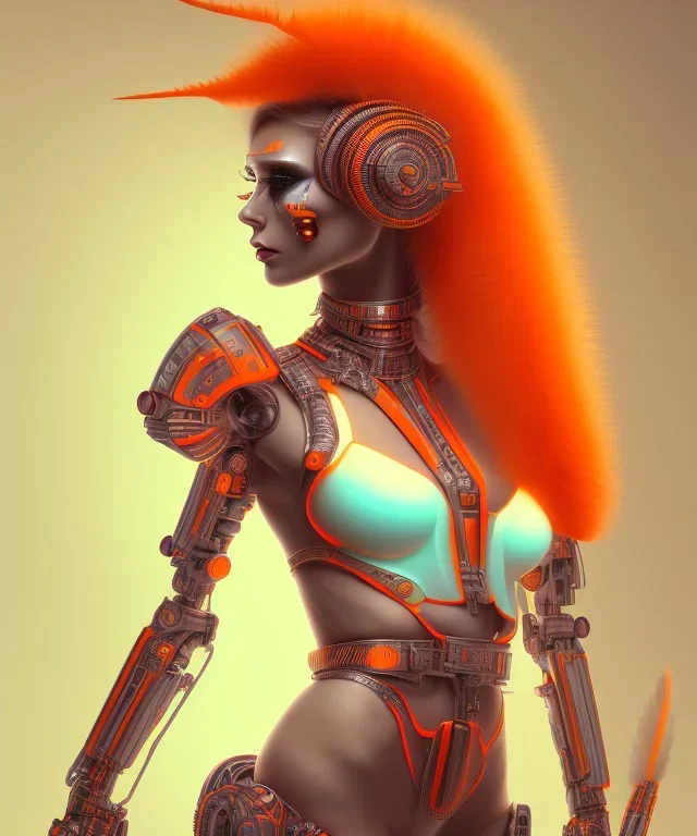 A beautiful portrait of a cute cyborg woman orange color scheme, high key lighting, volumetric light high details with white stripes and feathers and indian paterns and wimgs