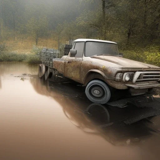 hyperrealistic shot, muddy military toy truck, monotone color palette, sharp focus, puddle reflection, tire water splash, refraction, mist on the horizon, shadowcast, detailed and intricate, cinematic composition, micro, tilt shift photography