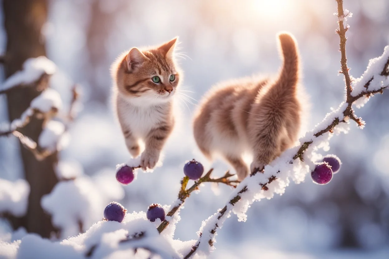 A beautiful colourful little cat catches a purple berry while standing on a snowy branch in sunshine, ethereal, cinematic postprocessing, bokeh, dof