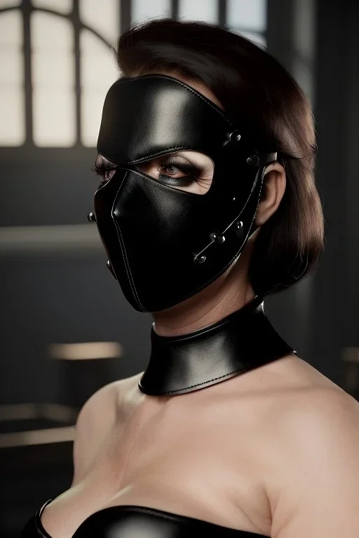 executioner in black leather, mature woman, skintight eye mask, busty, cleavage, evil, angry, steam punk, 8k,dark, bdsm