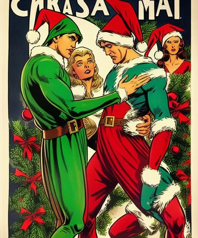 two elves. woman and man. stand apart. Christmas scene. poster. marvel comic. low-key