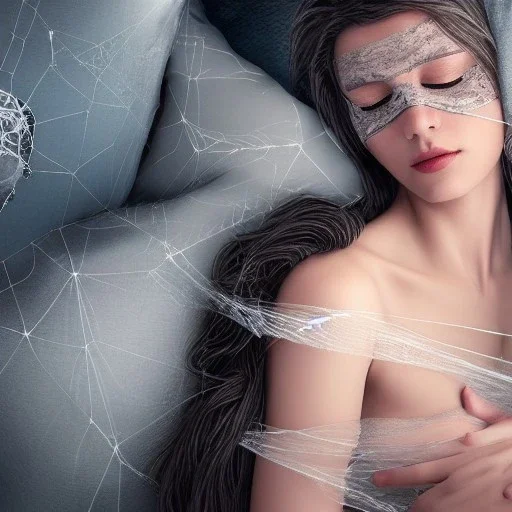 woman sleeping on satin pillow with spiderwebs covering face and hands on chest holding roses, 8k, high-quality, fine-detail, intricate, sharp, crisp, digital art, detailed matte, illustration, octane render, brian froud, howard lyon, Anne Dittman, Anne Stokes, Lisa Parker, Selina French