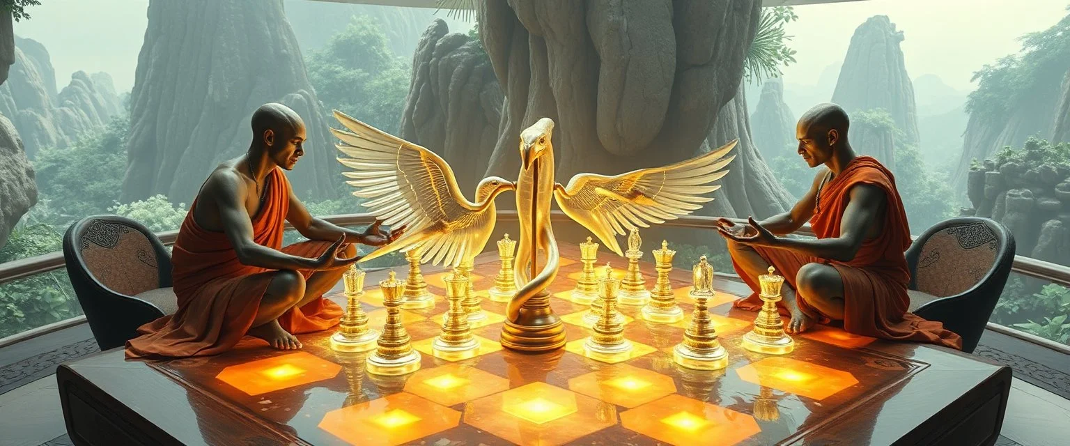 alien levitating yoga monk wrestlers chess masters playing serious glowing chess on hex map in lounge on beautiful lush planet with huge transparent bird glass alien chess pieces of ships in fountain, also an endless twisted god piece, one of the players is wrestling a piece, floating chess board