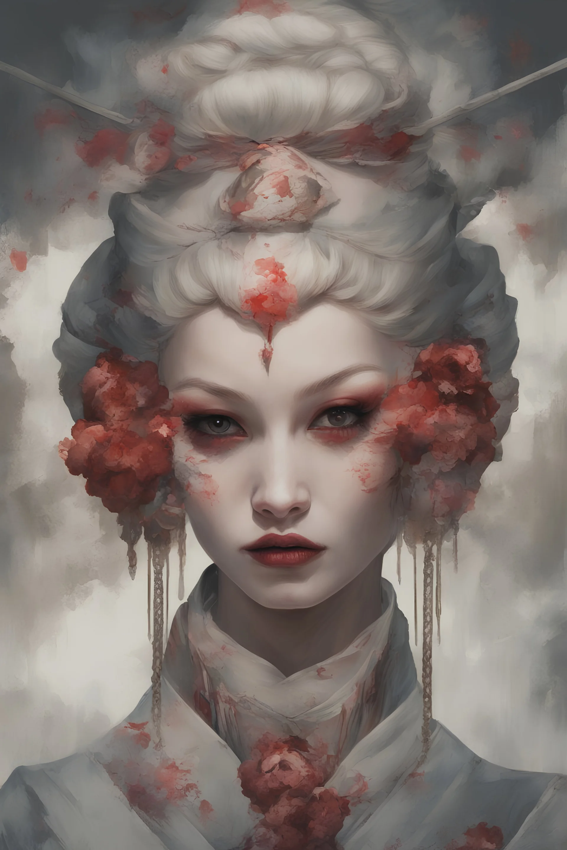 Face art Geisha Alexandra "Sasha" Aleksejevna Luss fantasy bombshells oilpaiting by Greg Rutkowski, Artgerm style Once upon a night time Tokyo city