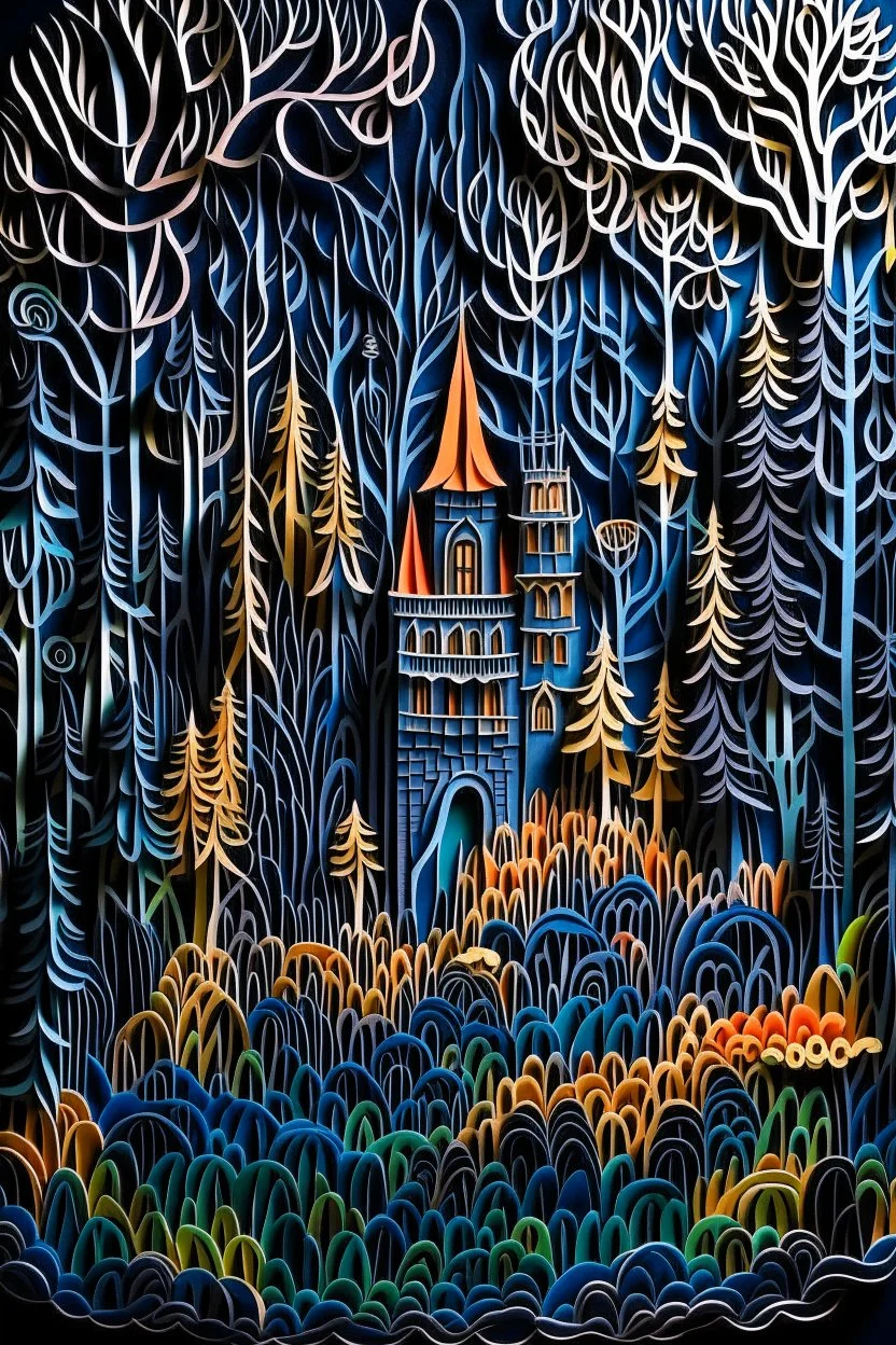 dark forest , darkness castle ,fog, multi-dimensional paper cut craft, mixed media illustration, running through the woods, Sharp, paper quilling, polymer clay, sharpie, Hypermaximalist, busy, Ornate, Layered, HDR, ultra 8k