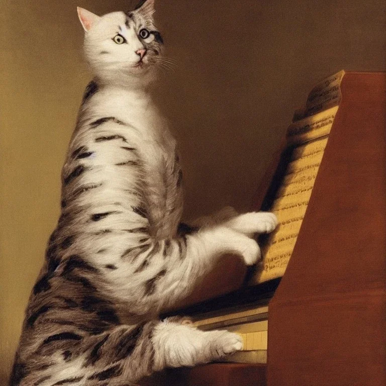 A cat that looks like Wolfgang Amadeus Mozart is playing Piano. Background Music notes are dancing. Immpressionism