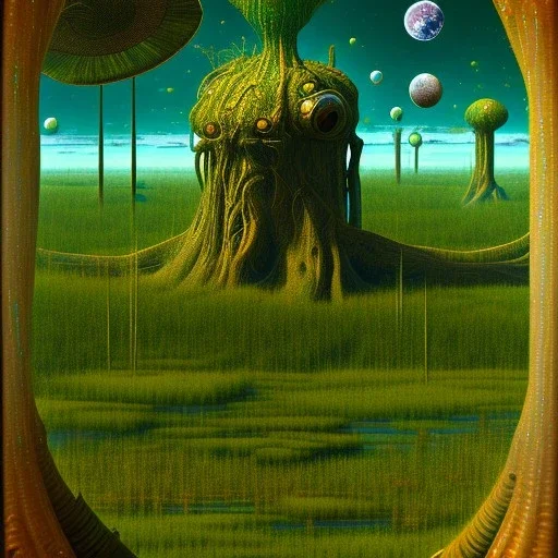 An odd swamp landscape with odd beings surreal telescope-like beings abstract Max Ernst style