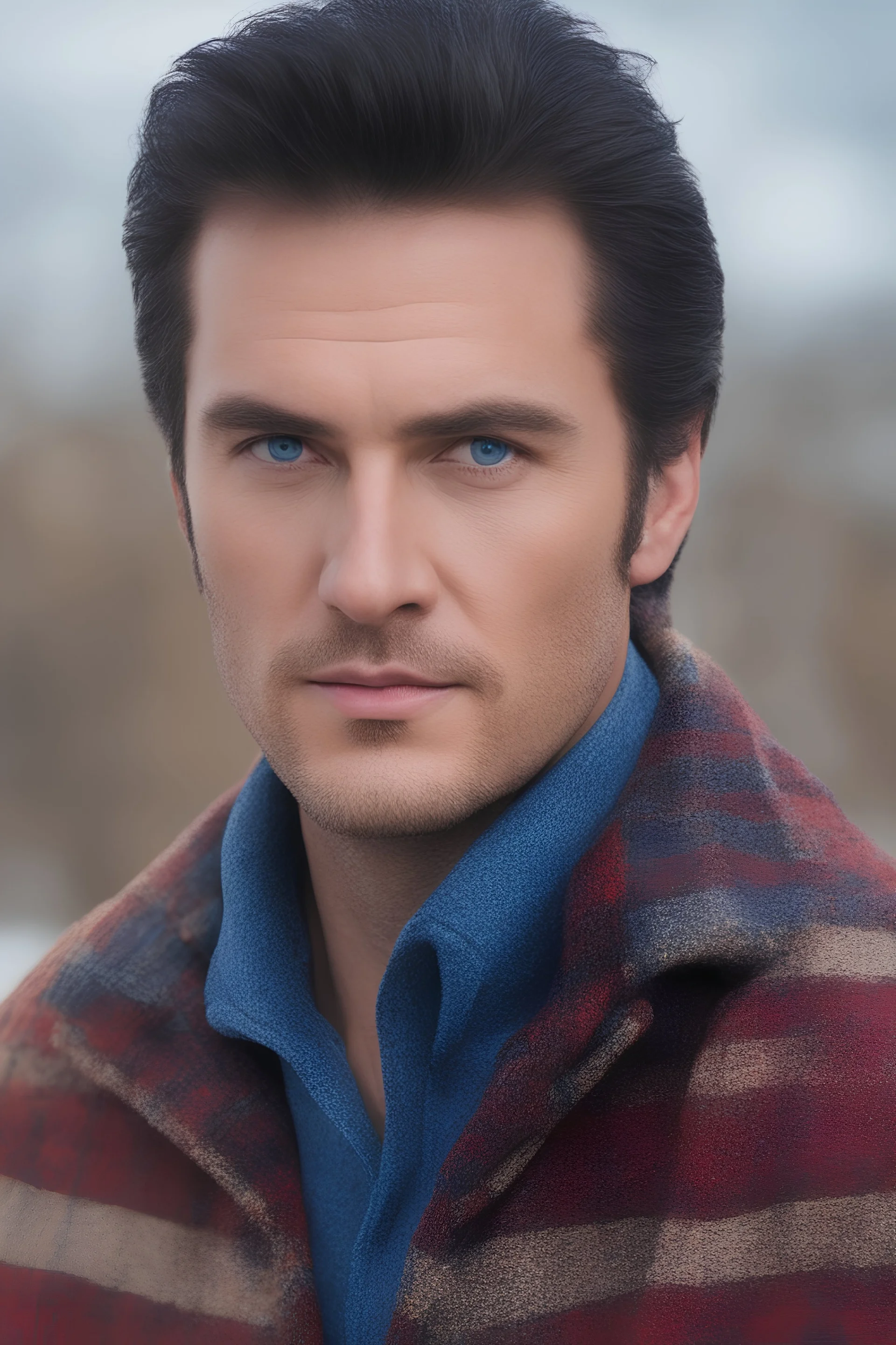 Blue eyes, close-up facial portrait - a Bright, well-lit UHD, 1080p 32k, photograph - winter time, hunting season, part Jesus Christ, part Elvis Presley with a mustache and short crew-cut hair, part Lee Majors, Part red and black checkered wool coat, blue jeans, cowboy boots, plaid shirt, sunbursts, crosses, 3D lighting, diamonds, hearts, Butterflies, Clovers, Roses, extremely colorful,