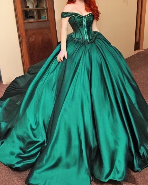 princess with long auburn hair green eyes wearing a big teal green and gold satin ballgown corset off shoulder top casting magic