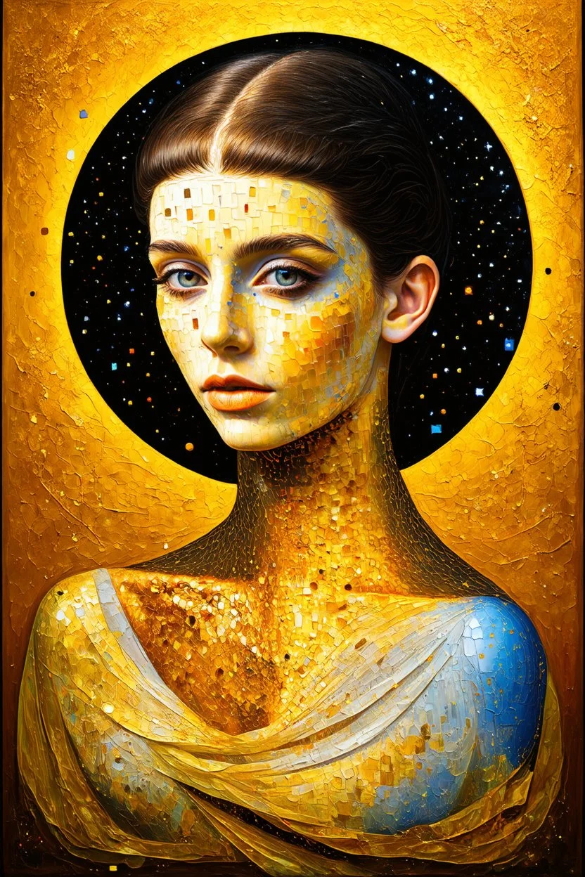 Stardust wrapped in skin; Lowbrow painting inspired by Gustav Klimt; Golden Hour; Exquisitely Detailed