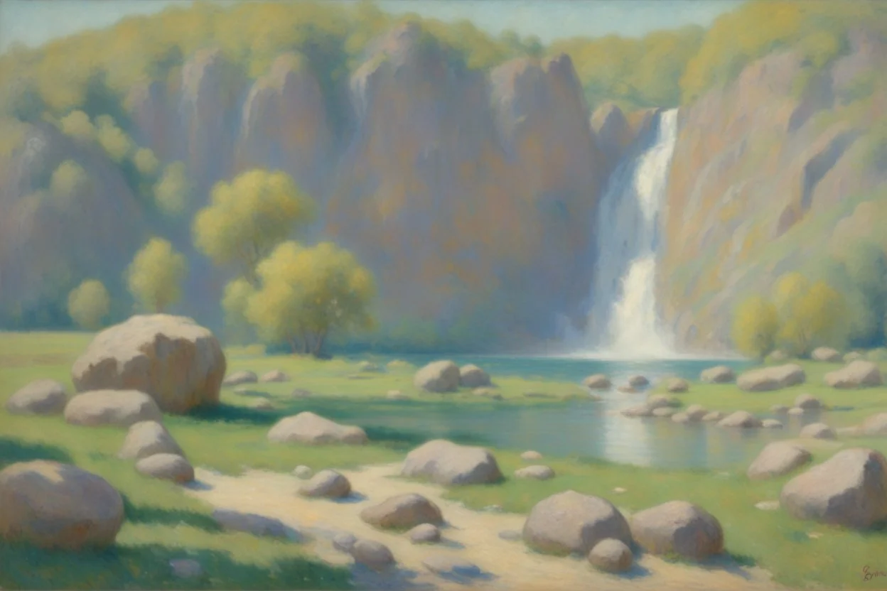 sunny day, rocks, waterfall, mountains, new age influence, cosmic and philosophic influence, gustave de smet and emile claus impressionism paintings