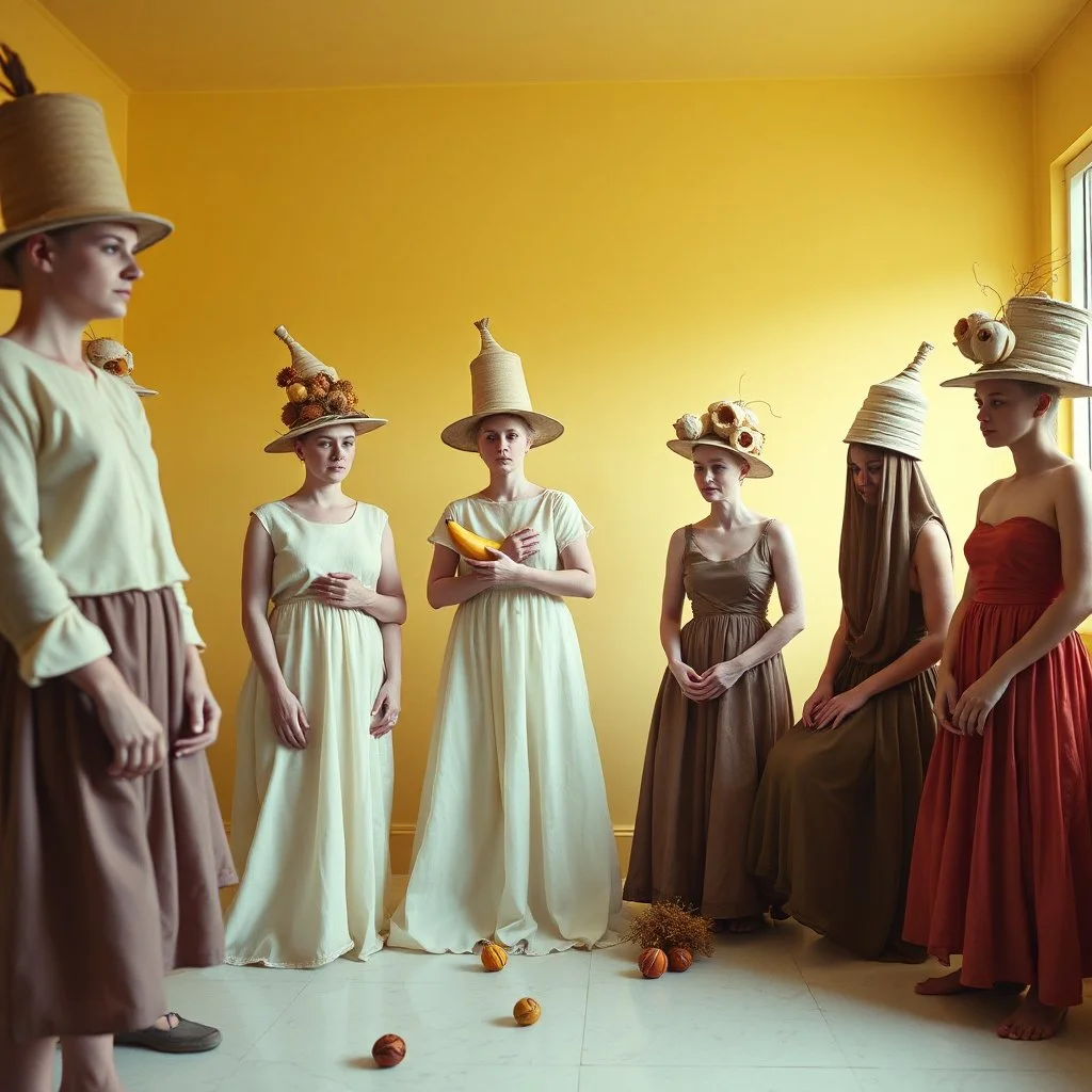 Flash photo of a room, a senseless jumble of bodies, wearing absurd hats and other senseless clothes, and dried fruit, odd objects, in a bright, featureless, yellowish-white room, surreal characters in real life. Details of their skin and dresses very accentuated. 8k, fine focus, funny