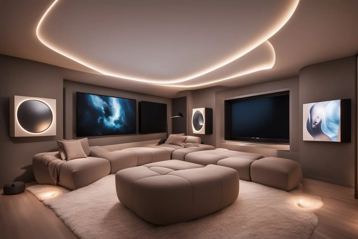 a dedicated home cinema room with LED ambient lighting in the walls