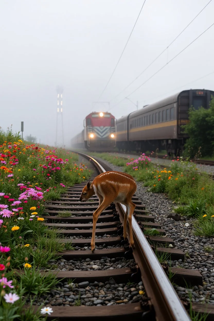 a train tracks in it a lot of colorful wild flowers , a train shows is coming forward , foggy, cloudy gray sky, and thunders , a side view of a dear legs sticks in the train tracks and can not move