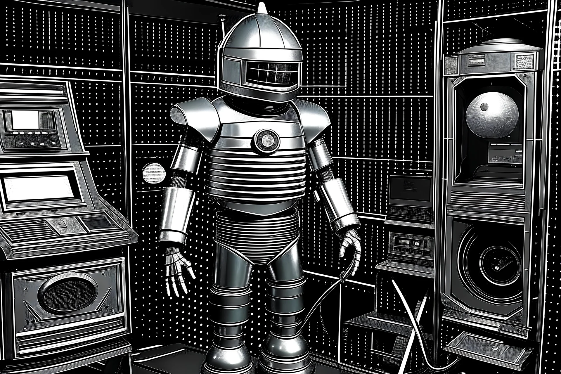 smoldering manhood & machismo attack starfleet command outpost 1950's era wifi scifi ufo space themed tv show hero & crew battle army of monstrous fiend chrome finished space alien robot with hollow aluminum tubing for limbs. work gloves for hands. glowing television screen for head/face. for torso cardboard box sprayed silver