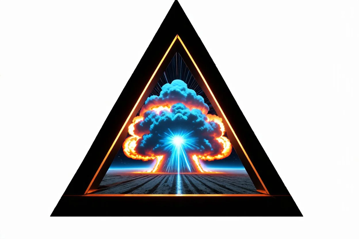 a nuclear explosion cloud, behind an orange glowing omega like shape, all inside an equilateral triangle like a doorway to a different world, radiant lines, psycodelic CGI special effects