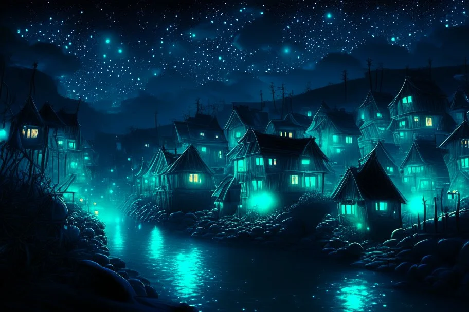 bioluminescent rasin village at night in starshine