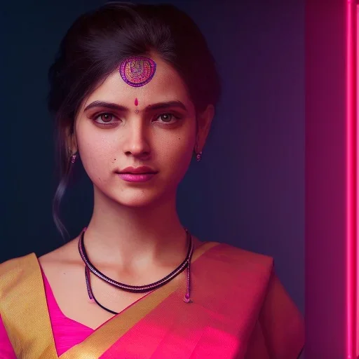 full body photo of a girl in saree in dark room with neon light ,hyperrealistic,detailed,8k,cinematic