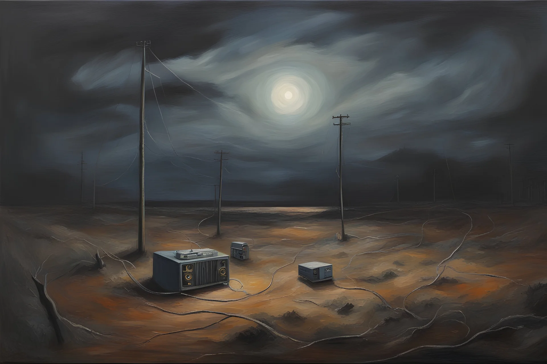 oil painting, When the night shows The signals grow on radios All the strange things They come and go, as early warnings