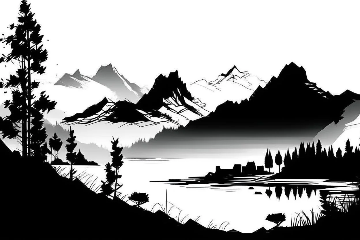 silhouette white background of beatuful scenic picture mountains from a distance scenery painting