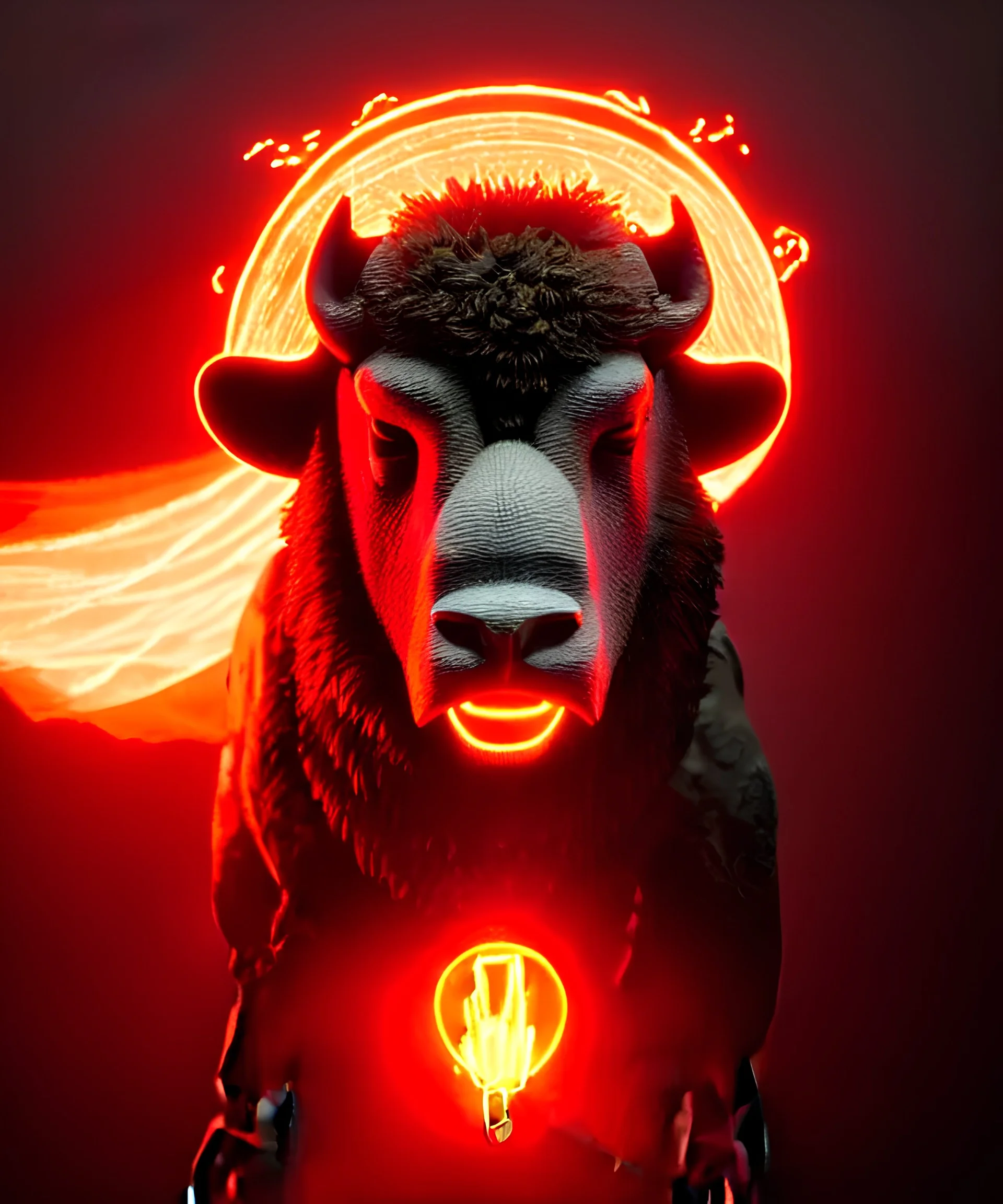 closeup face anthropomorphic bison animal sorcerer releasing a spell in the style of greg rutkowski cyberpunk red glowing light from inside, trending on artstation, detailed, realistic, hight quality