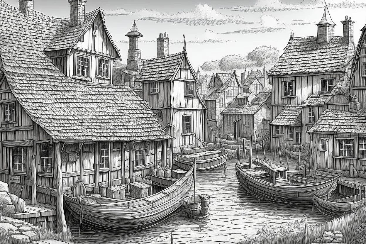 English fishing village hub pencil line art