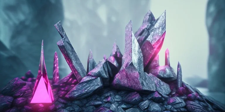 single pink crystal, on an altar in a foggy cave, cinematic,