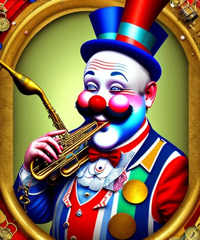 happy old friendly fat clown with round head and trimmed beard playing jazz with a steampunk theme, circus, realistic