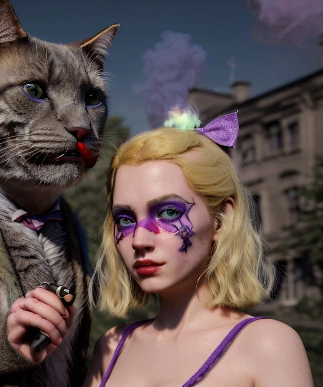 Ultra realistic afternoon photo, happy smoker couple, blonde Alice woman and purple cat smoking a pipe, circus blue dress style, black headband with bow, old school body tattoo, smoke, marihuana garden, glow eyes, perfect iris, soft color, highly detailed, unreal engine 5, ray tracing, RTX, lumen lighting, ultra detail, volumetric lighting, high definition.