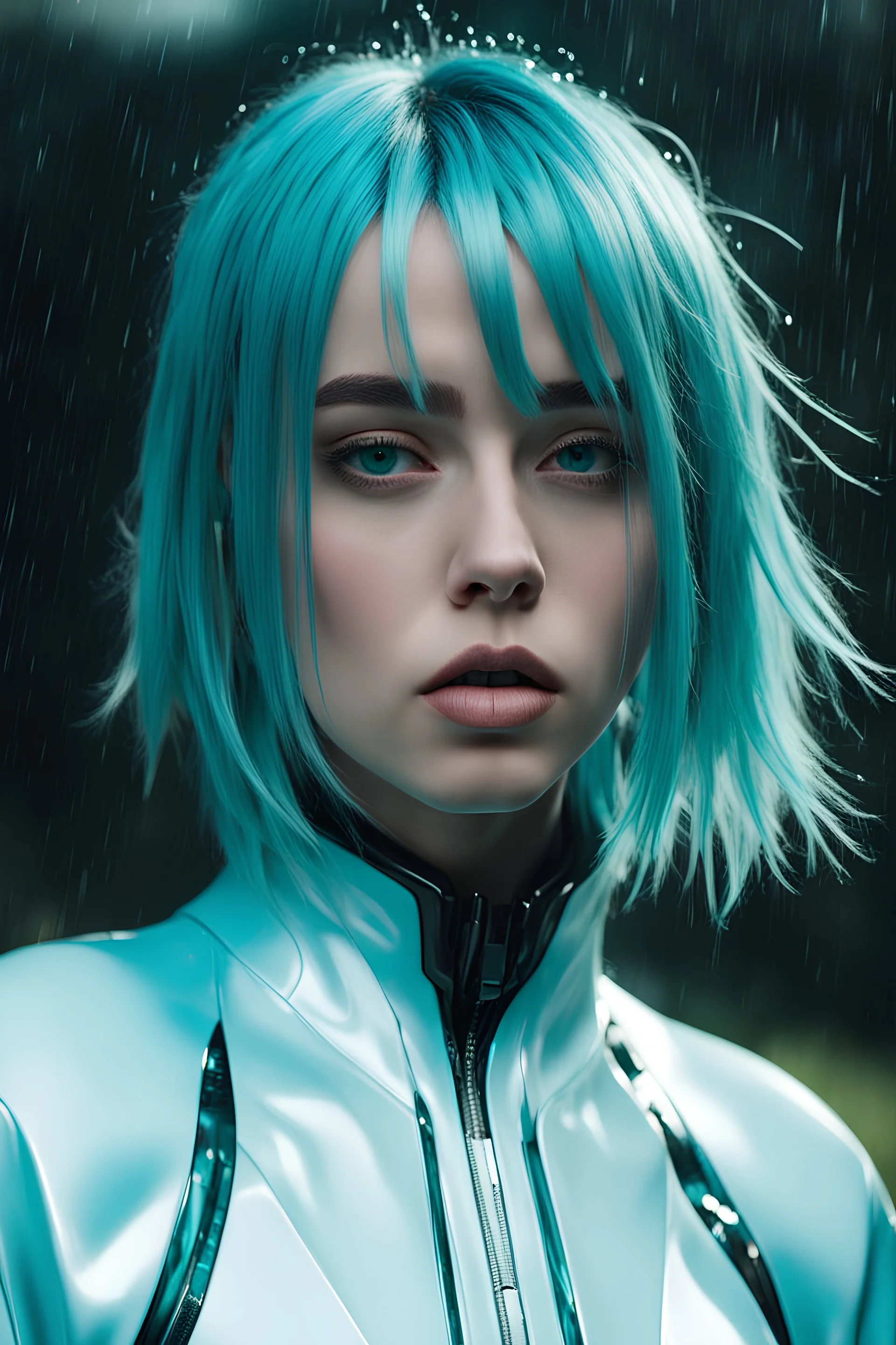 photo, billie eilish, she wears gloss white evangelion plugsuit, she has short sleek teal hair, she has a crazed expression, dark and lit only by underlighting, running water, rivulets, rain,