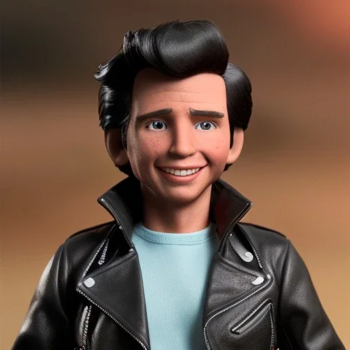 Wide view Young Fonz with black hair greaser figure doll 1974 (thumbs-up) (face) Forehead grin, fonzarelli, ((arnold's drive-in)) fonzie