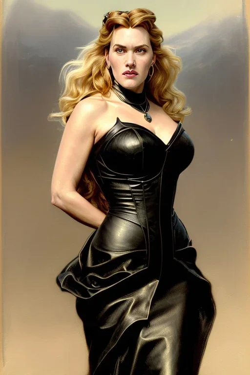 painting of kate winslet as evil queen in black leather gown, feminie, angry, stern look on her face, volouptous, busty, cleavage, emperious, mature, highly detailed, digital painting, artstation, concept art, smooth, sharp focus, illustration, art by gaston bussiere and alphonse mucha