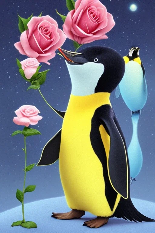 Der kleine Prinz als Pinguin mit Rose in der Flosse.