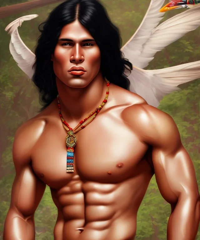 native american warrior, long black hair, big muscles, looking up, mouth wide open shouting, shirtless