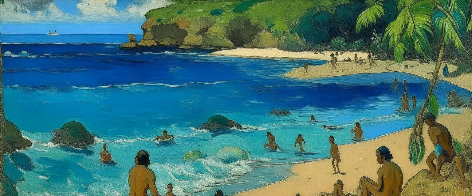 A blue beach near a coral cove painted by Paul Gauguin