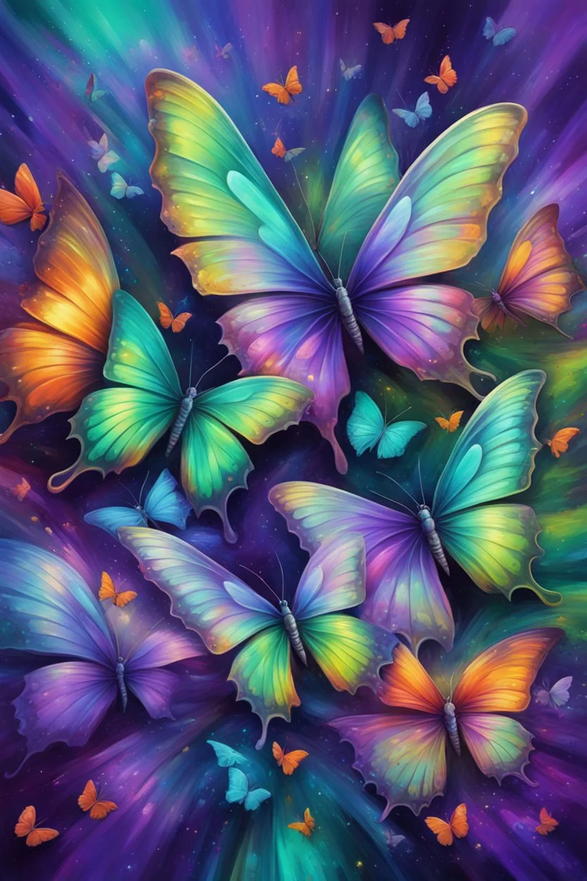vibrant psychedelic oil painting image, airbrush, 64k, cartoon art image of background purple and green BUTTERFLIES , futurism style