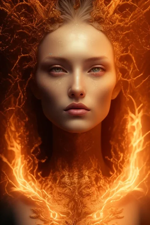 portrait photography of an ethereal beautiful animal goddess, Fire theme art, Dark moody night atmosphere, Portrait of a woman by Michelangelo, 8K, close-up face, anatomically perfect face, oak tree roots, ignore NSFW