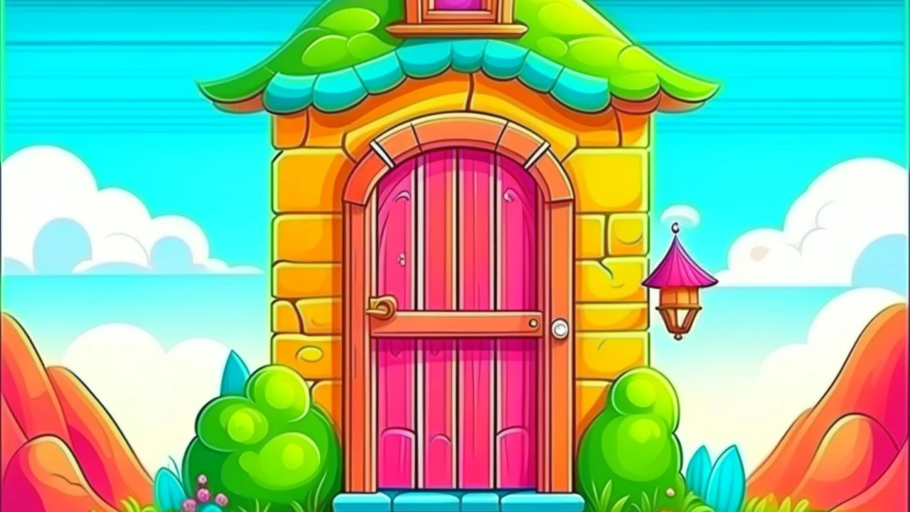 Fantasy cartoon illustration: a beautiful colorful door on a house in the middle of a hill