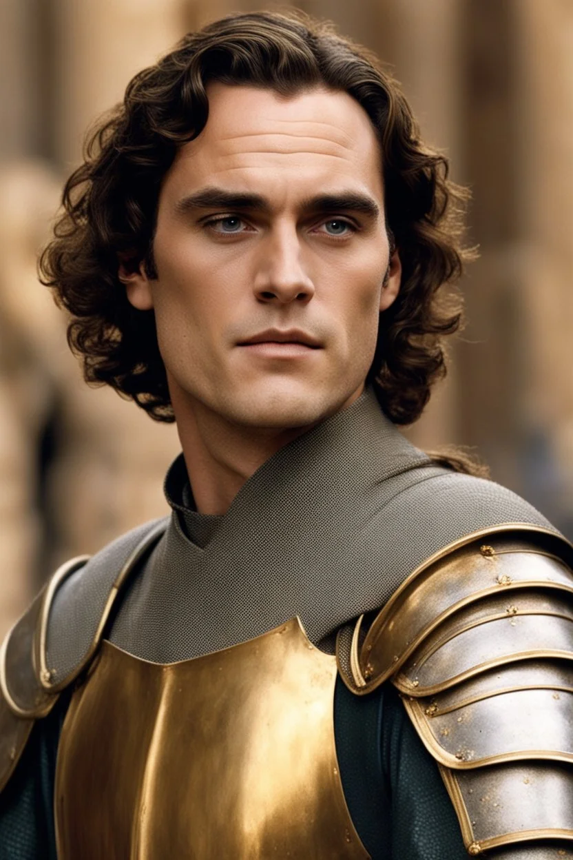 Joaquin Phoenix from year 2000, draped waves haircut, in medieval setting, in medieval armor colored back and gold