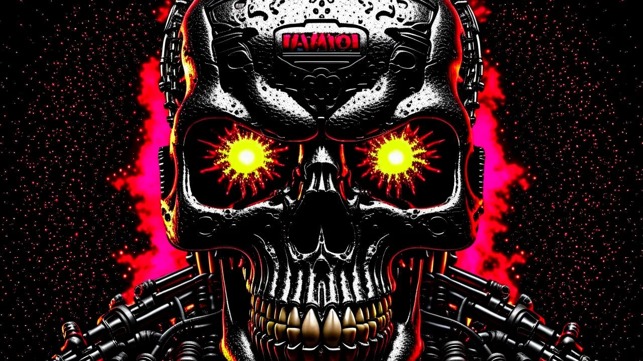 Terminator punk, 4k full detail, realistic, émission radio logo hardrock pentagram firestarter tribute to Black sabbath flammes en fond