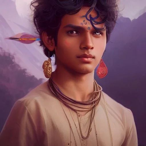  Indian mystical boy , cute, beautiful, cinematic, 8k, resolution concept art portrait by Greg Rutkowski, Artgerm, WLOP, Alphonse Mucha dynamic lighting hyperdetailed intricately detailed